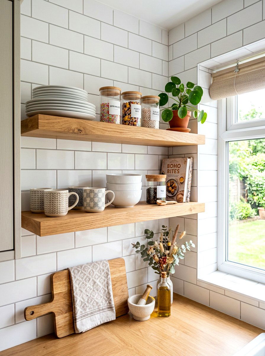 Wood floating shelves - 30 baking corner ideas