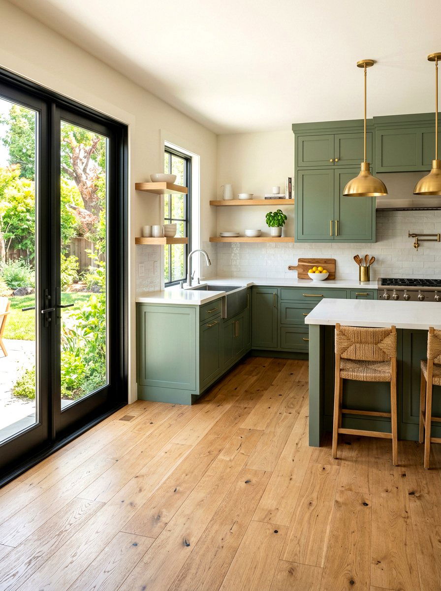 Wood flooring and green kitchen - 30 green and wood kitchen ideas