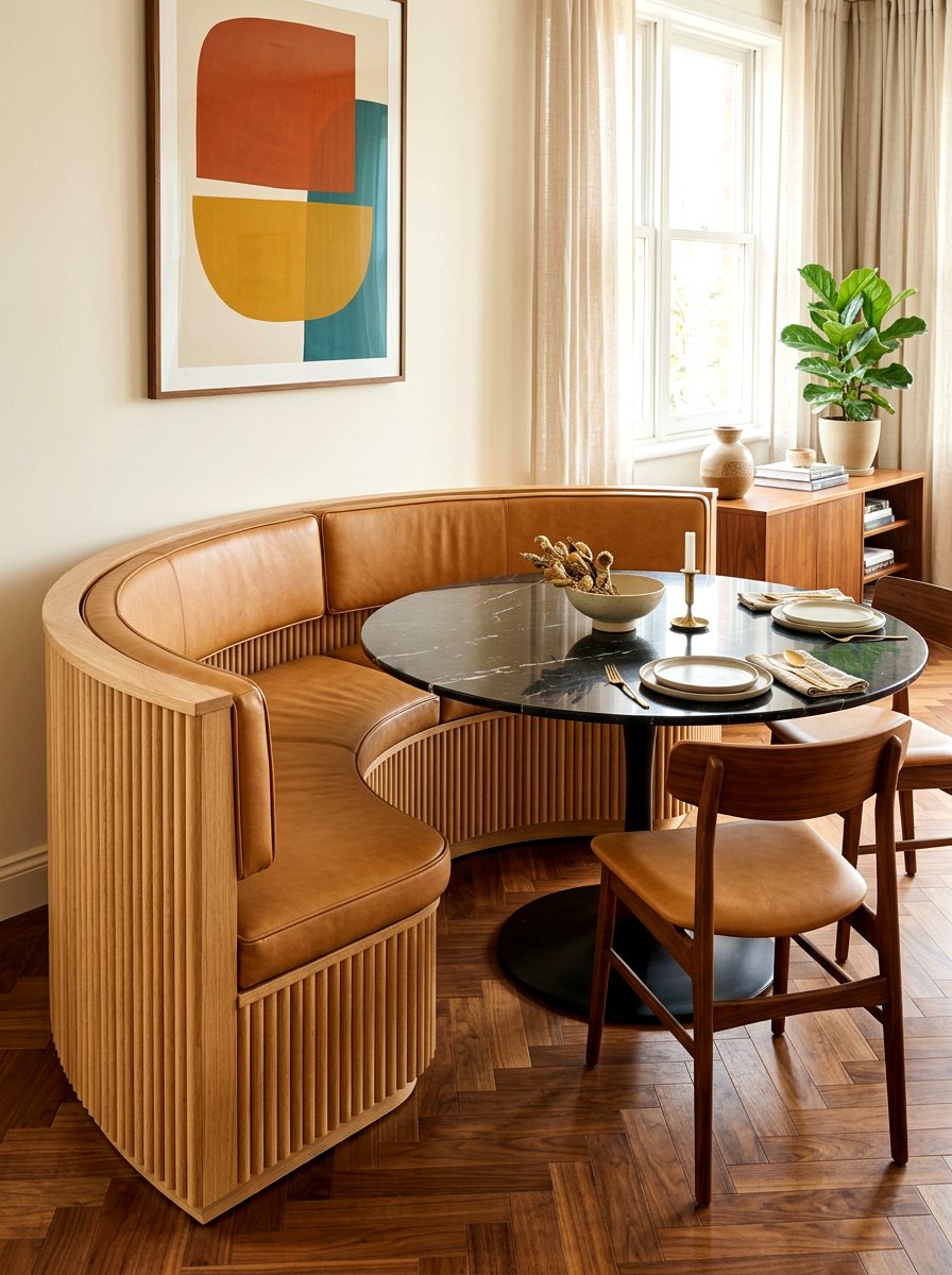 Wood fluted curved banquette - 30 curved banquette ideas