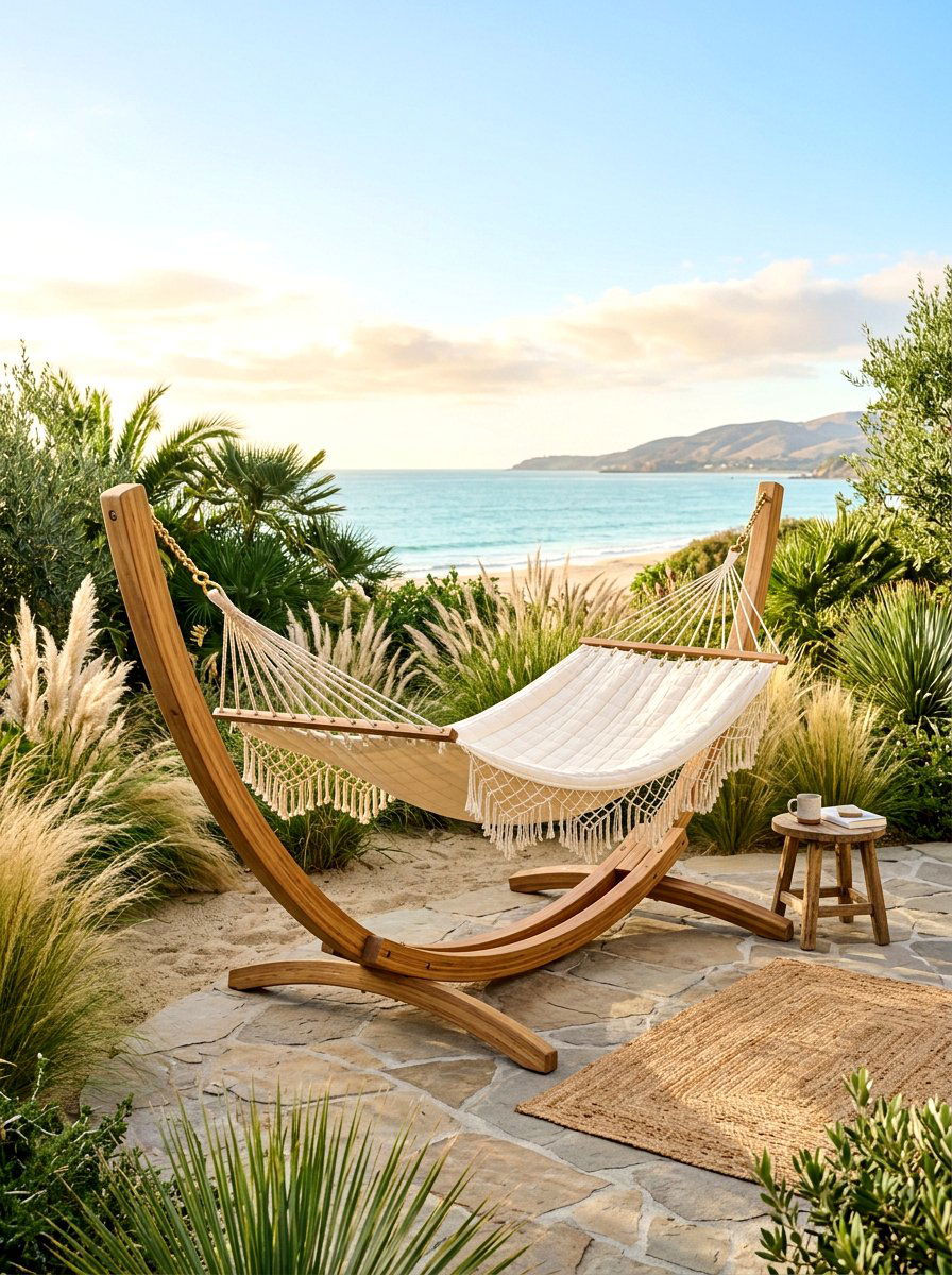 Wood frame hammock - 30 wooden patio furniture ideas