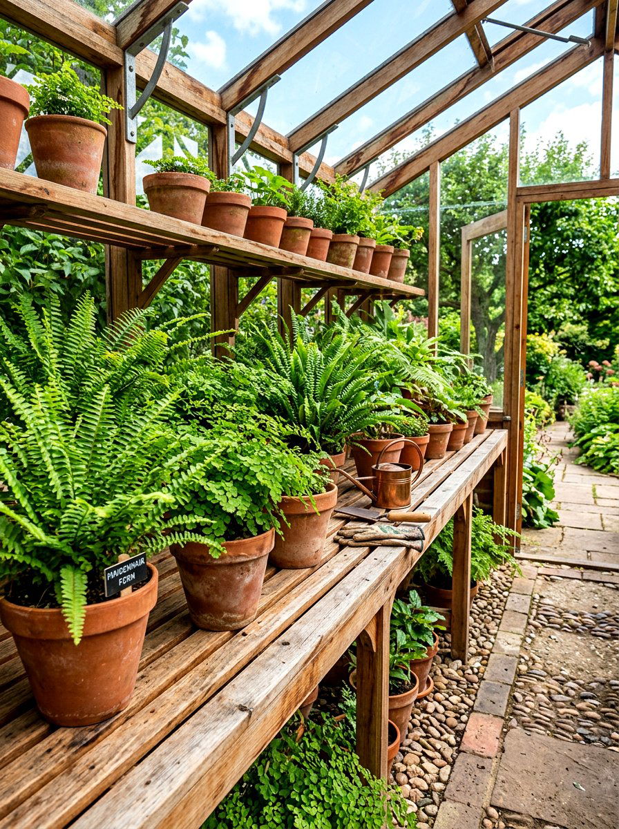 Wood greenhouse staging - 30 greenhouse shelving ideas