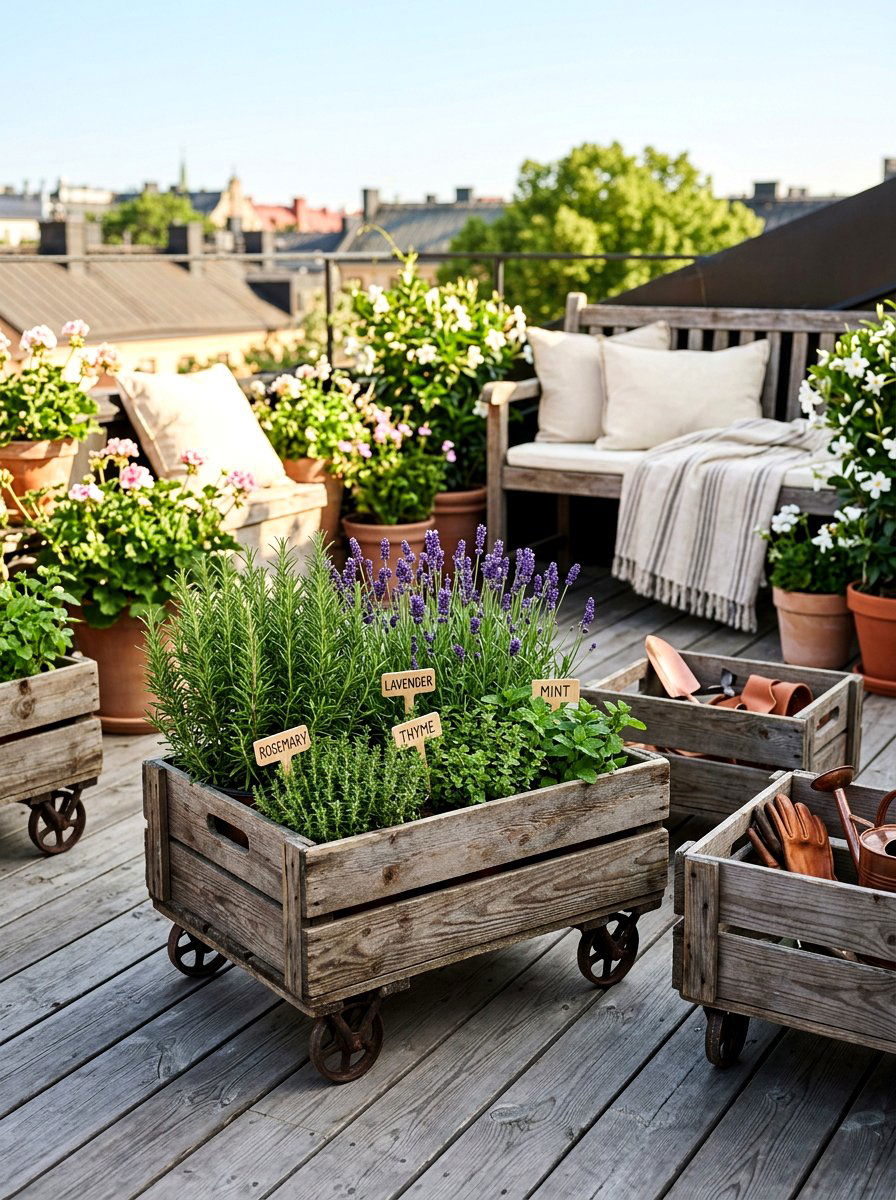 Wood herb garden crate - 30 rooftop herb garden ideas