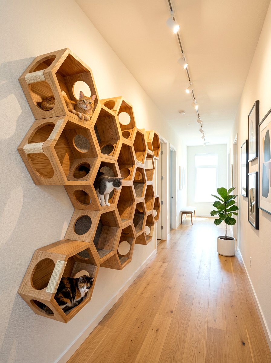 Wood hex cat climber - 30 cat climbing wall ideas