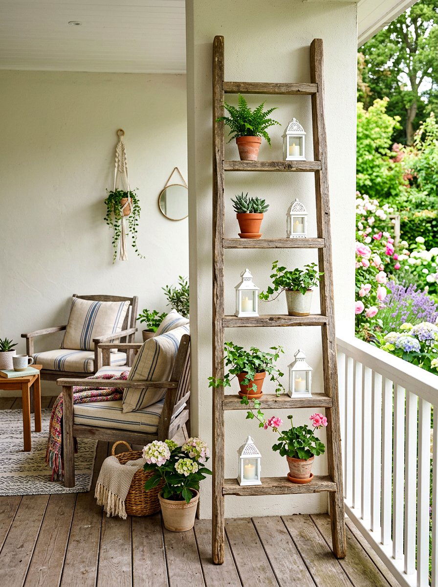 Wood ladder for plant display - 30 spring porch layering ideas