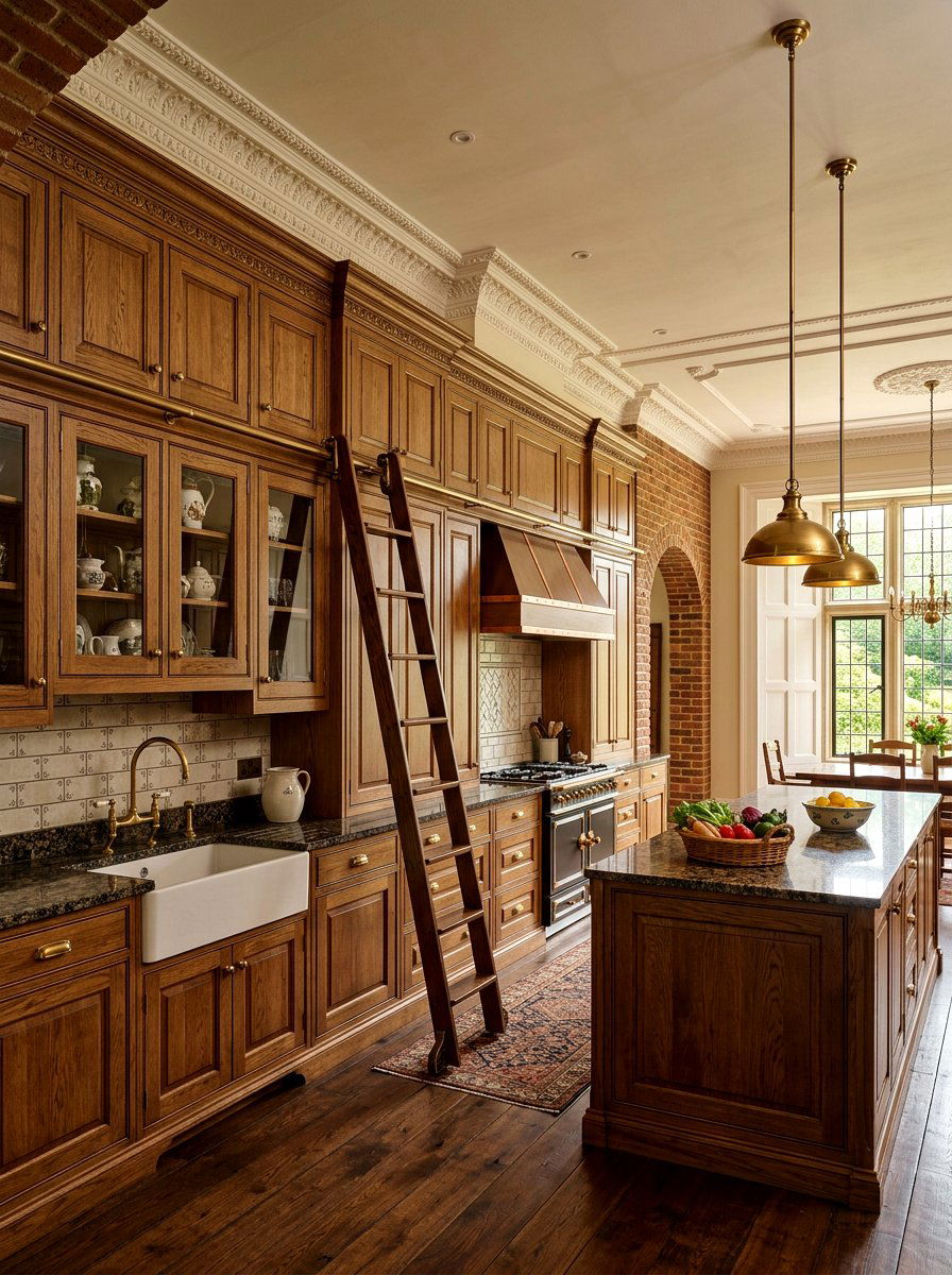 Wood ladder for tall cabinets - 30 library ladder kitchen ideas