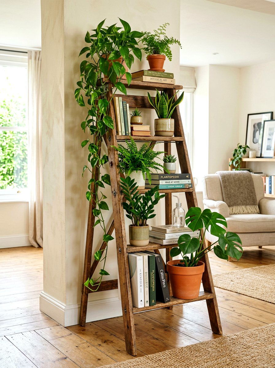 Wood ladder plant shelf - 30 office plant corner ideas