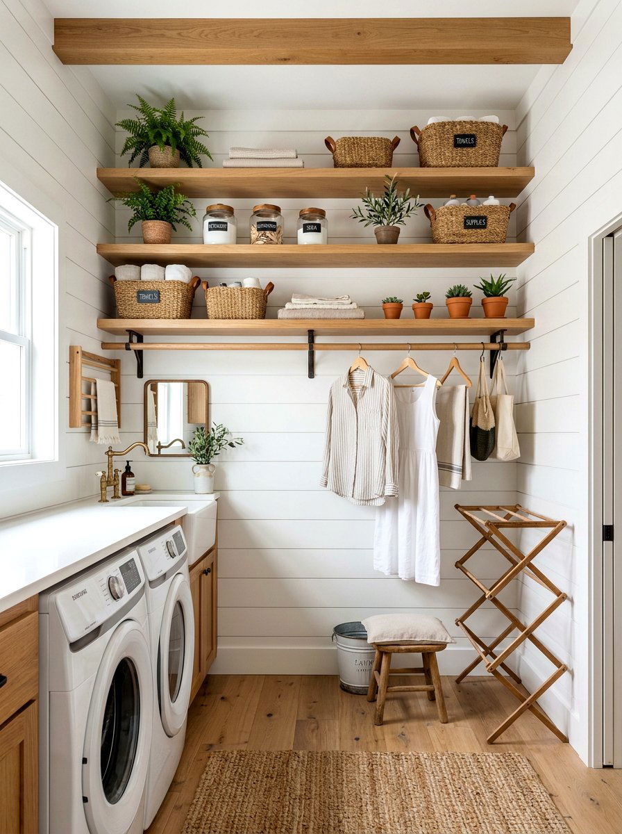Wood laundry rod with open shelving - 30 laundry room hanging rod ideas