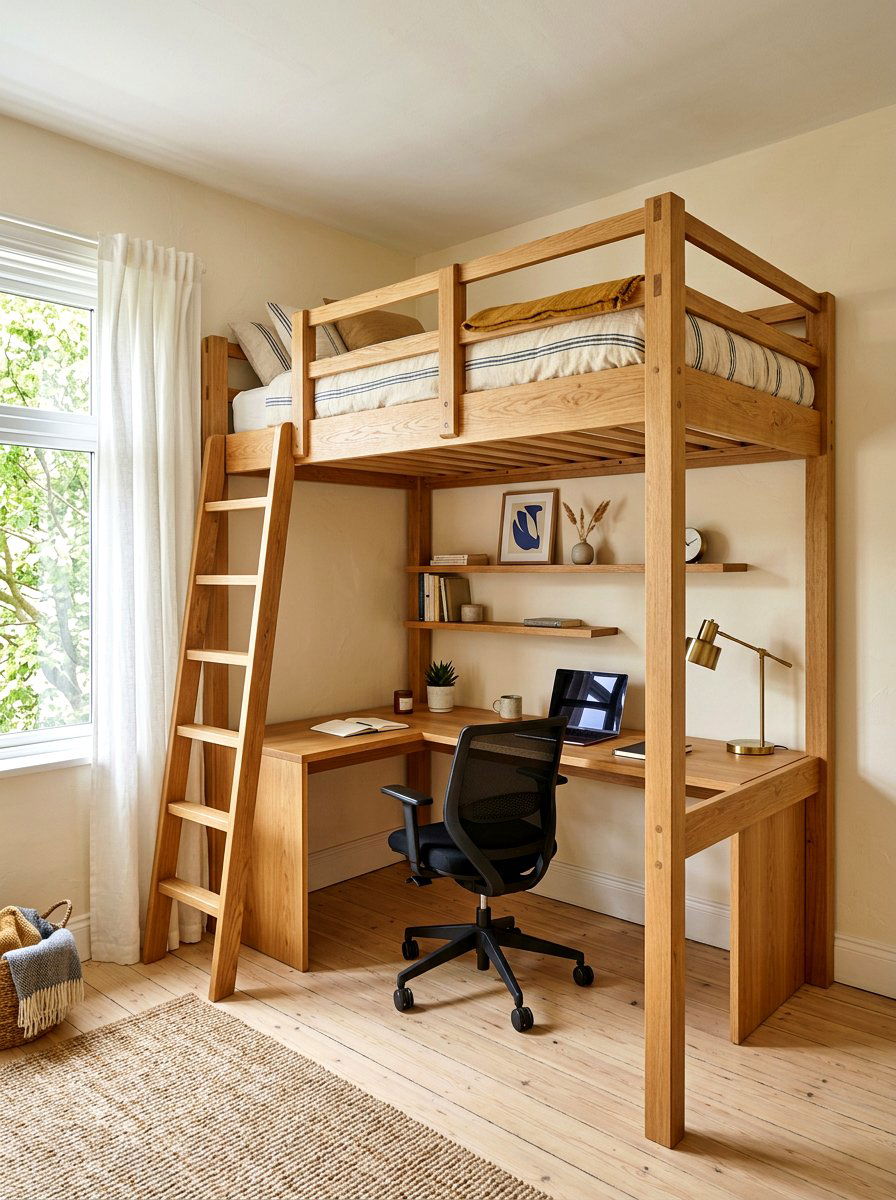 Wood loft bed with L shaped desk - 30 loft bed office combo ideas
