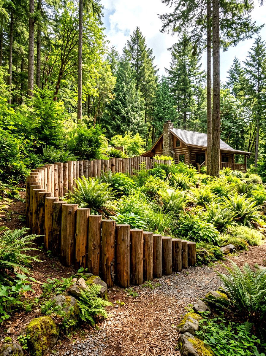 Wood log retaining wall - 30 sloped backyard retaining wall ideas