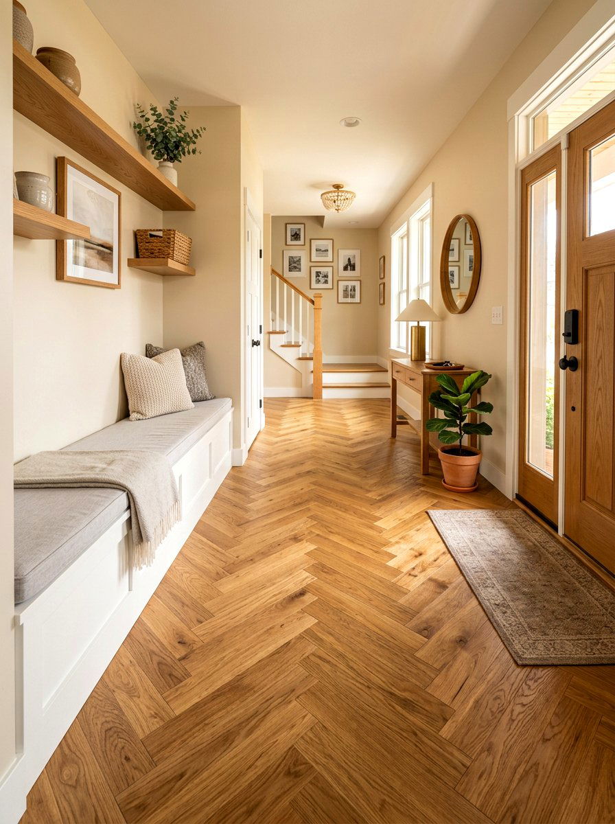 Wood look herringbone floor - 30 patterned mudroom tile ideas