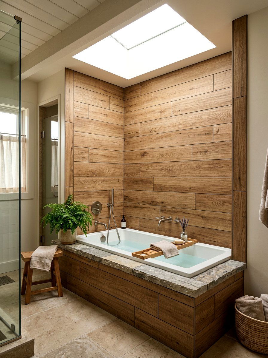 Wood look porcelain - 30 tub surround ideas