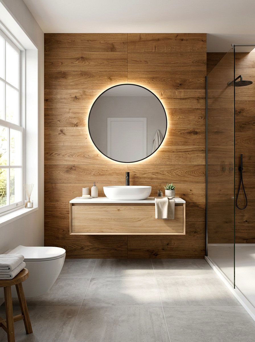 Wood look tile accent wall - 30 niche tile contrast ideas