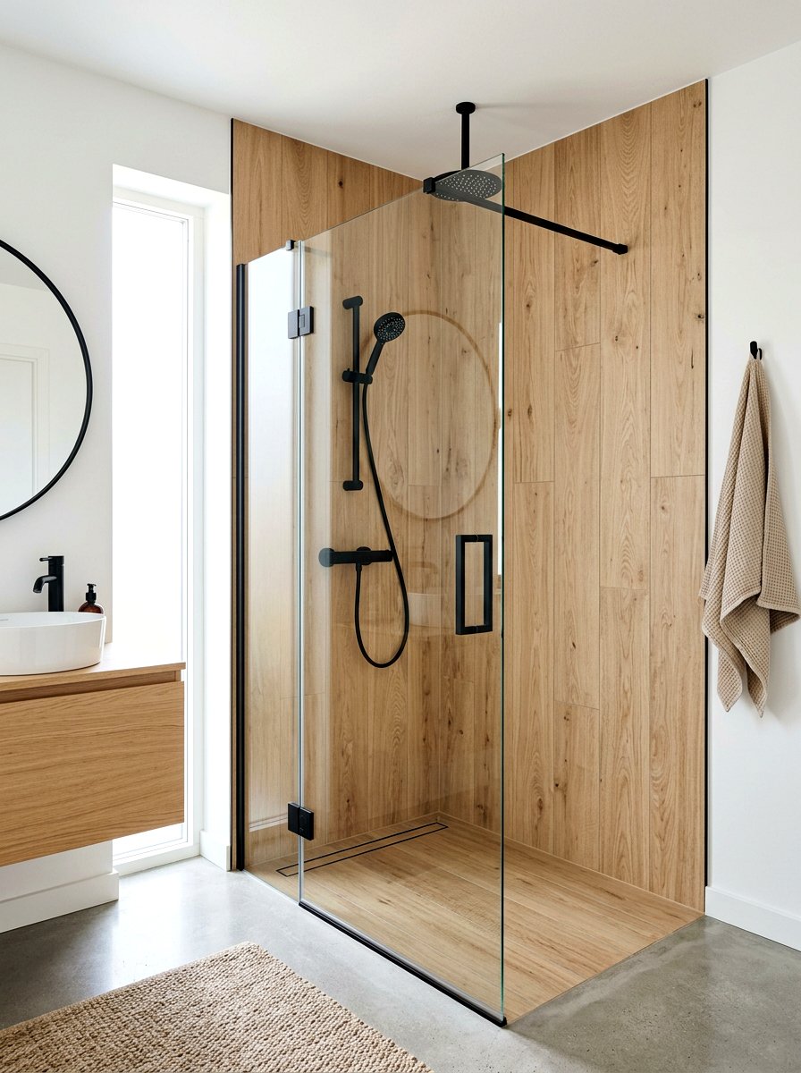 Wood look tile shower - 30 walk in shower ideas