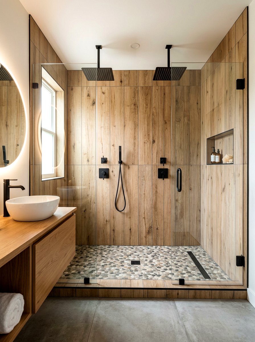 Wood look tile shower - 30 double shower bathroom ideas