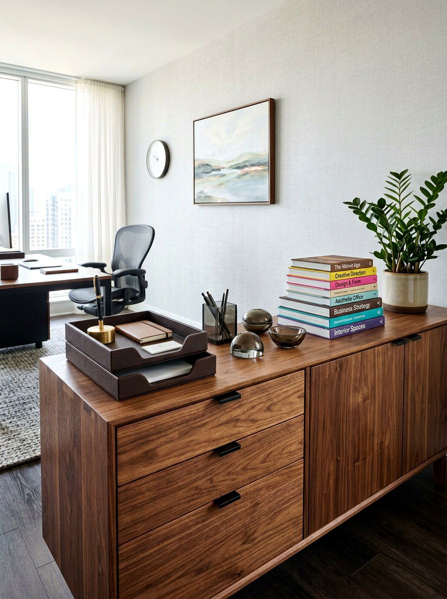 Wood office credenza setup - 30 office credenza styling ideas