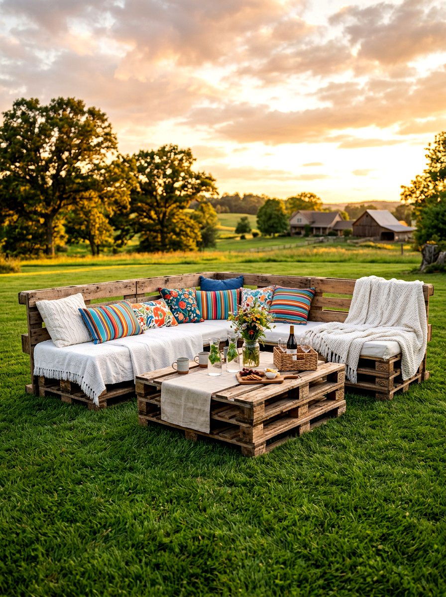 Wood pallet picnic seating - 30 baby shower backyard decor ideas