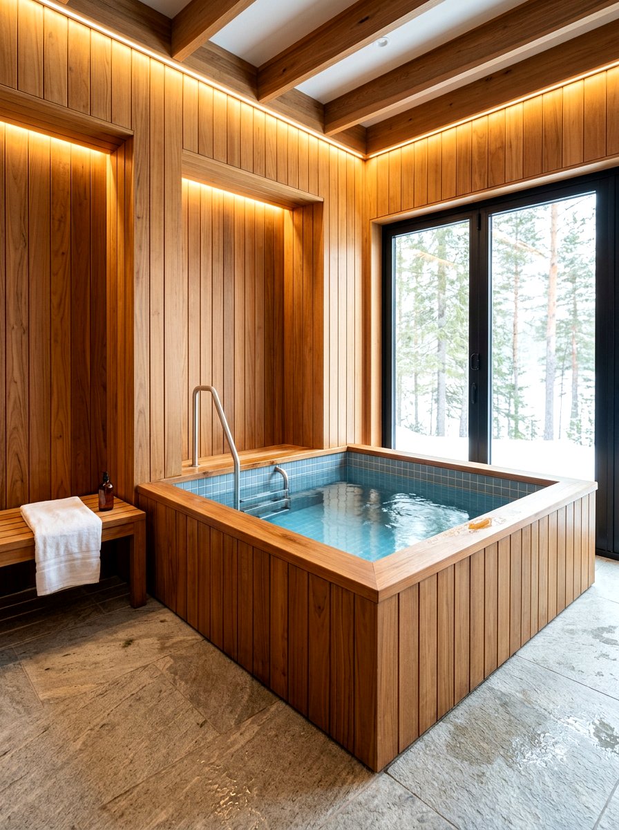 Wood paneled indoor plunge - 30 cold plunge bath ideas