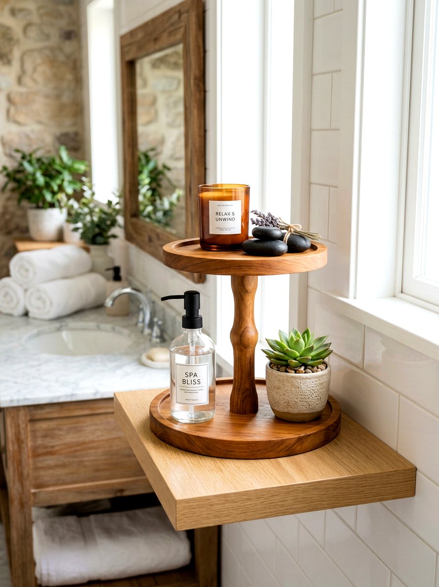Wood pedestal stand - 30 spa shelf styling bathroom ideas