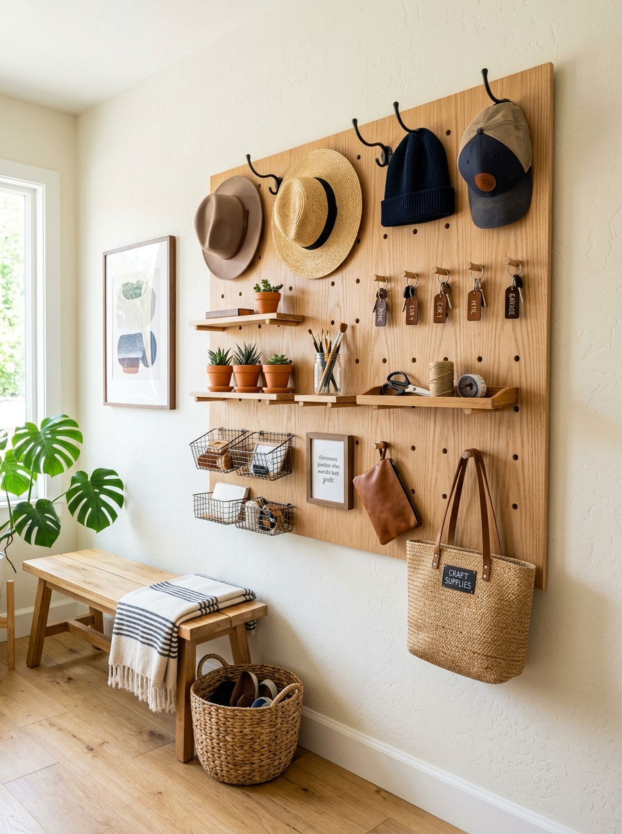 Wood pegboard organizer - 30 small entryway ideas