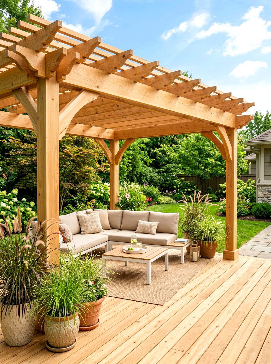Wood pergola deck - 30 neutral backyard styling ideas