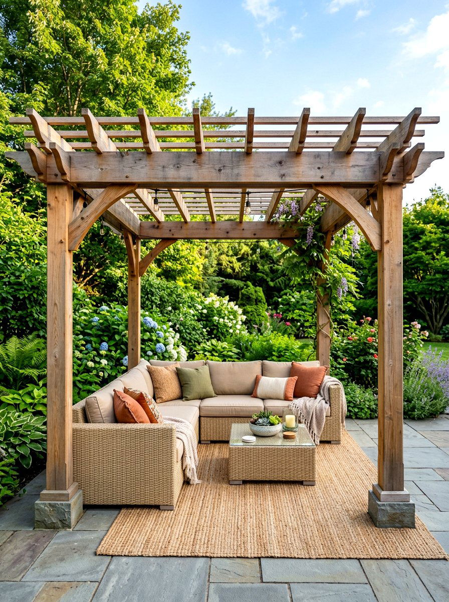 Wood pergola with outdoor sectional - 30 open pergola seating ideas