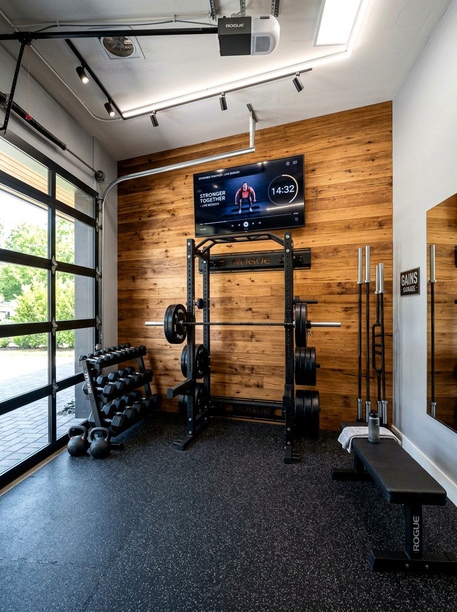 Wood plank accent wall - 30 garage gym ideas