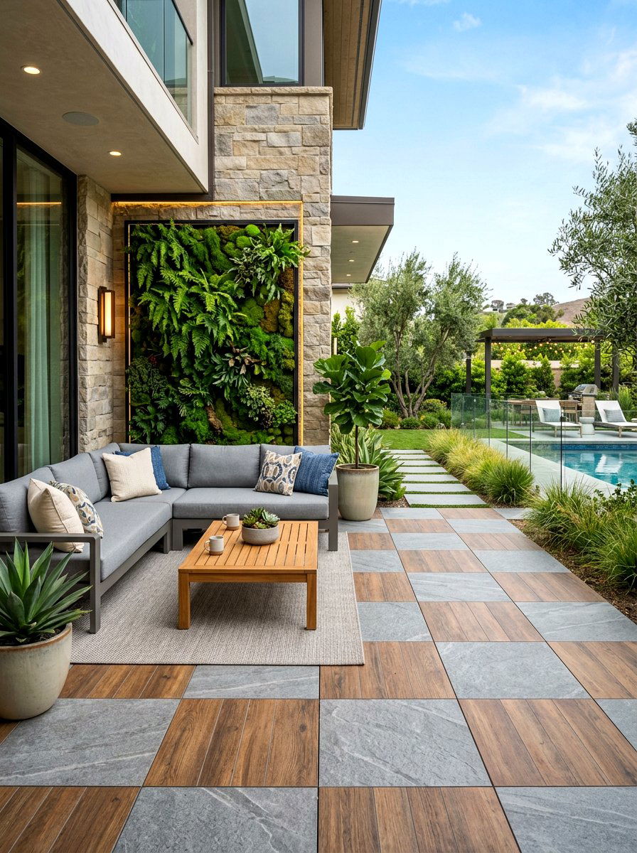 Wood plank and stone checkerboard - 30 checkerboard patio paver ideas