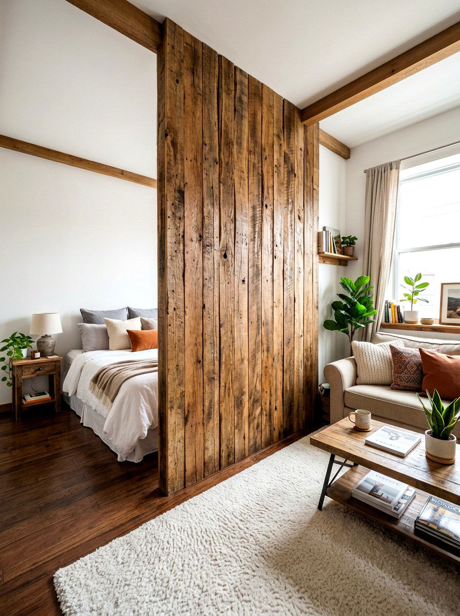 Wood plank partition - 30 partial divider studio ideas
