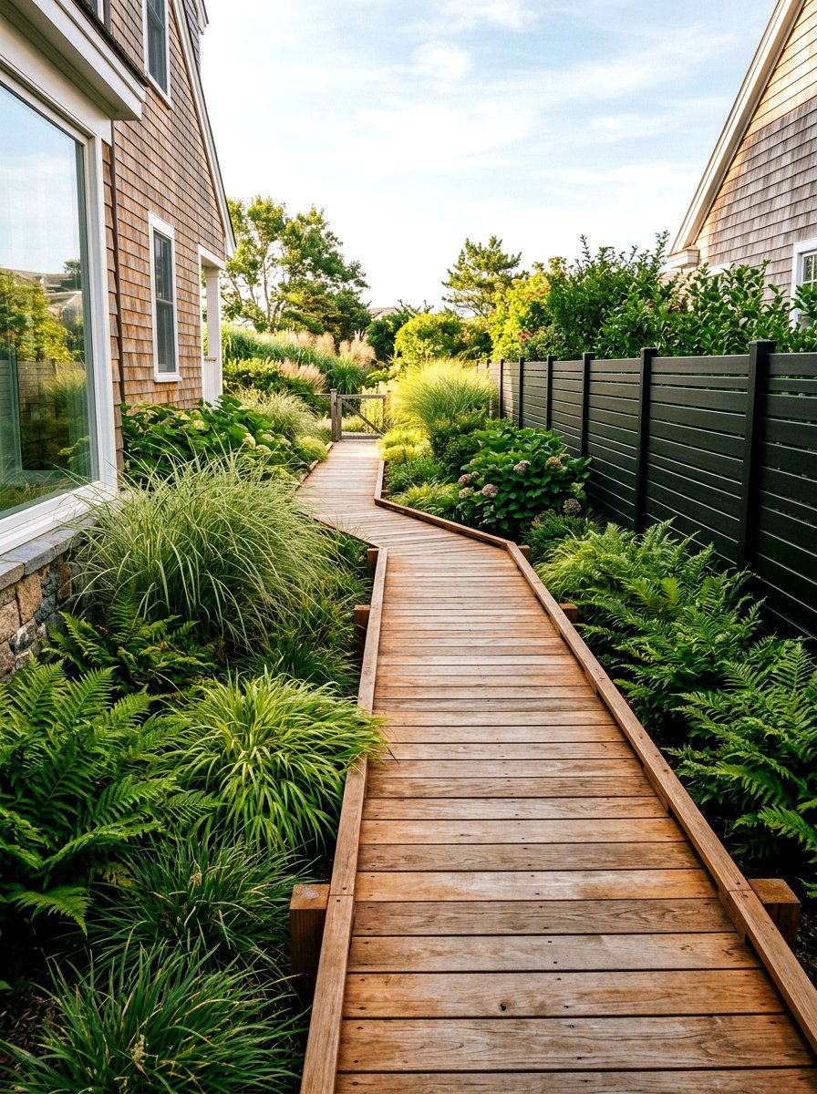Wood plank walkway - 30 narrow side yard path ideas