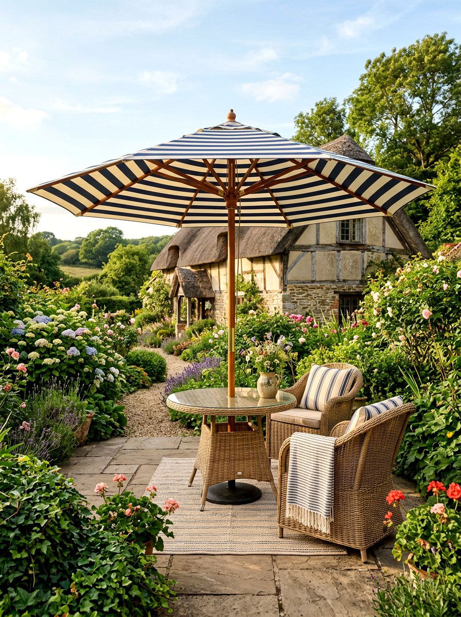 Wood pole striped patio umbrella - 30 striped patio umbrella ideas