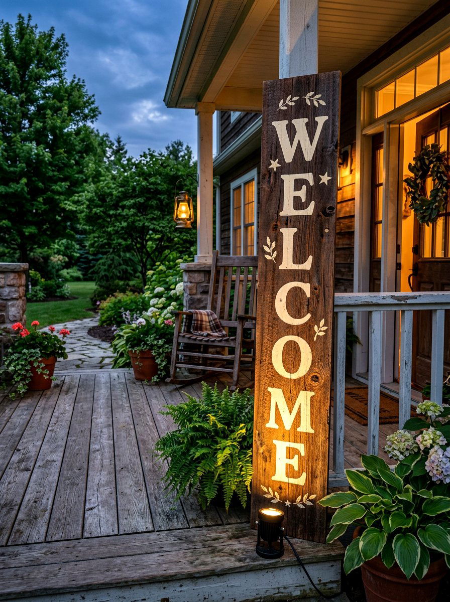 Wood porch sign with lighting - 30 front porch winter glow ideas