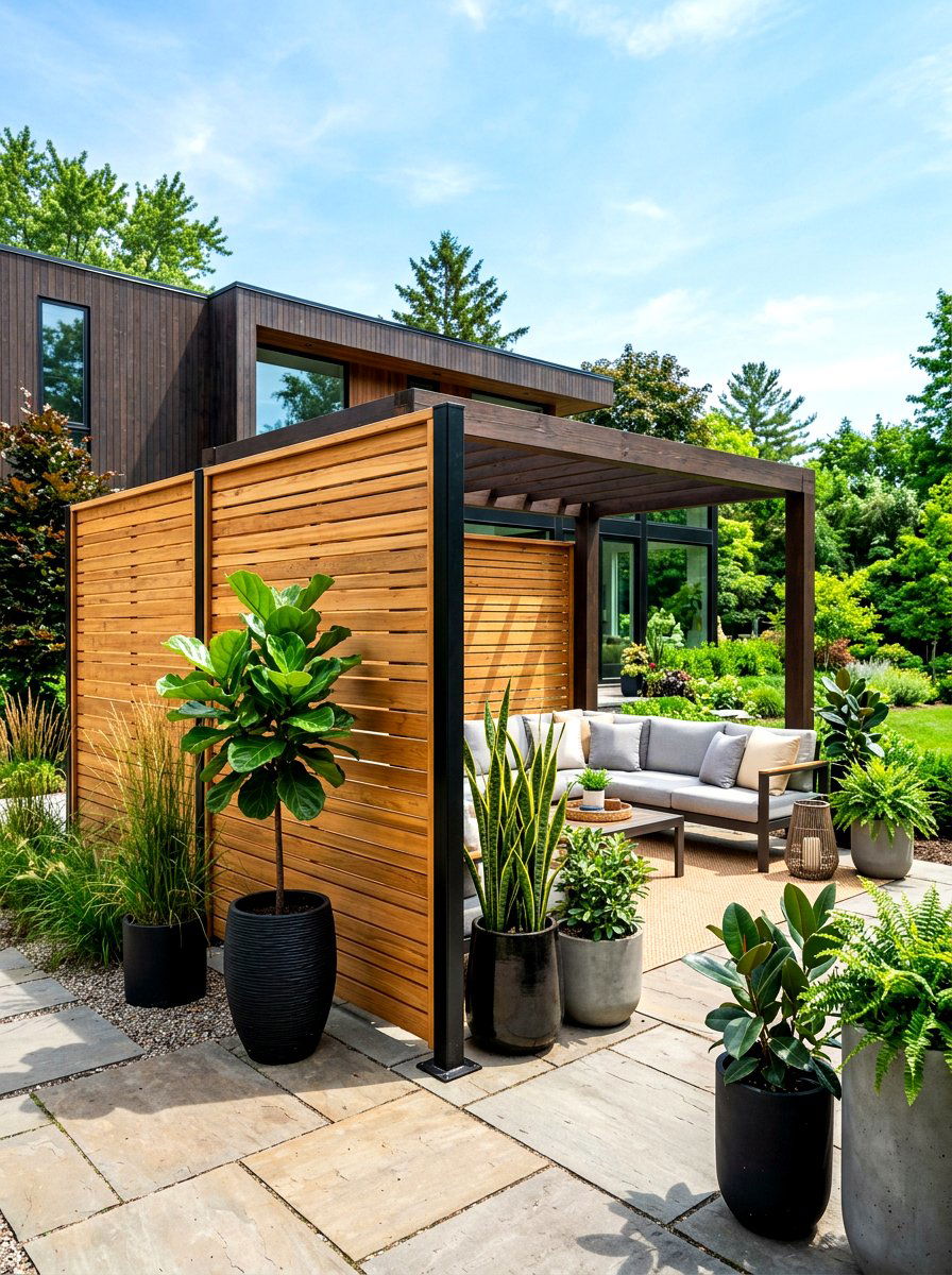 Wood privacy screen - 30 villa backyard ideas