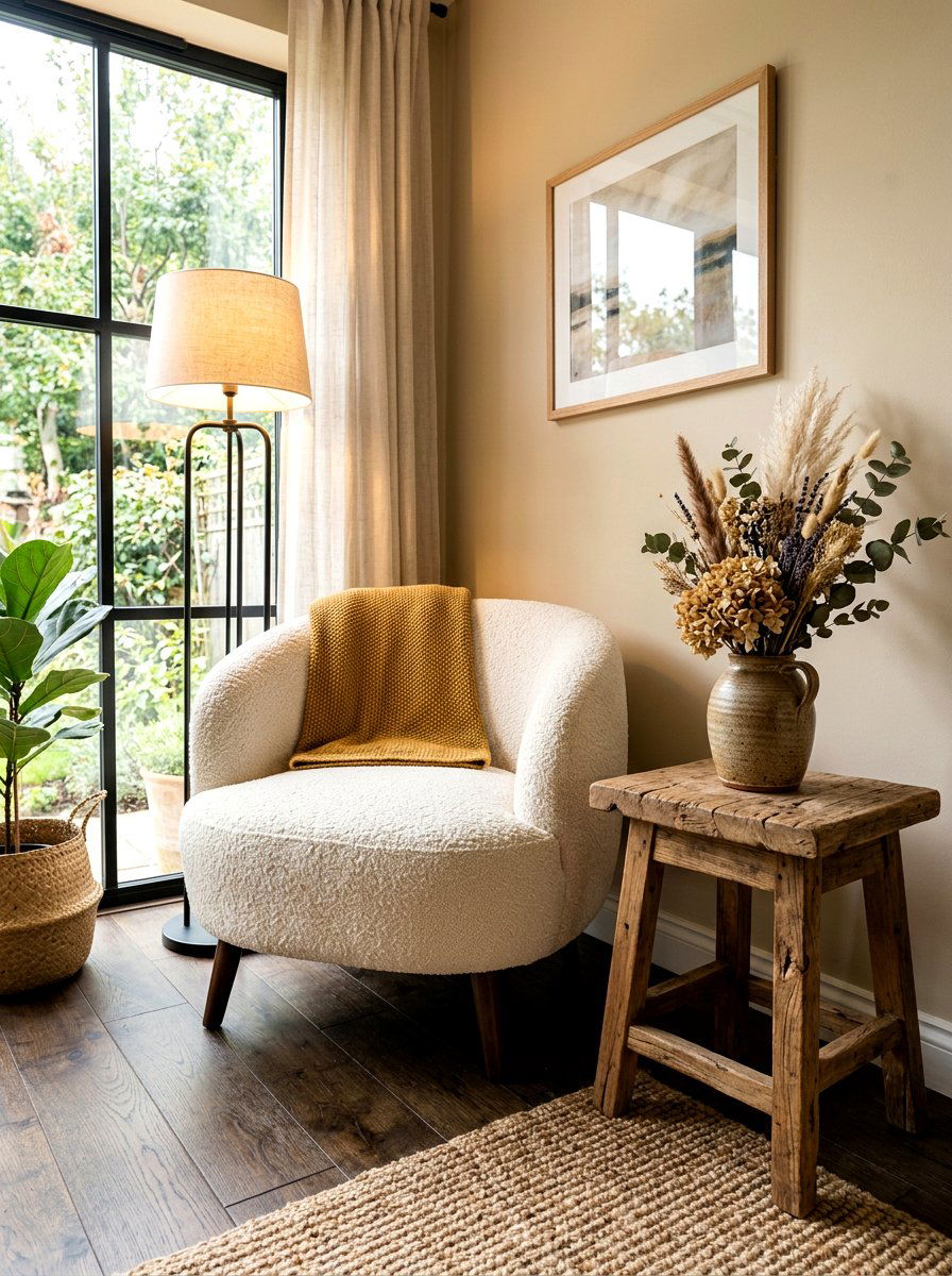 Wood side table boucle chair - 30 boucle chair corner ideas