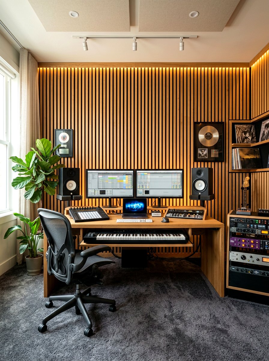 Wood slat acoustic studio - 30 recording room ideas