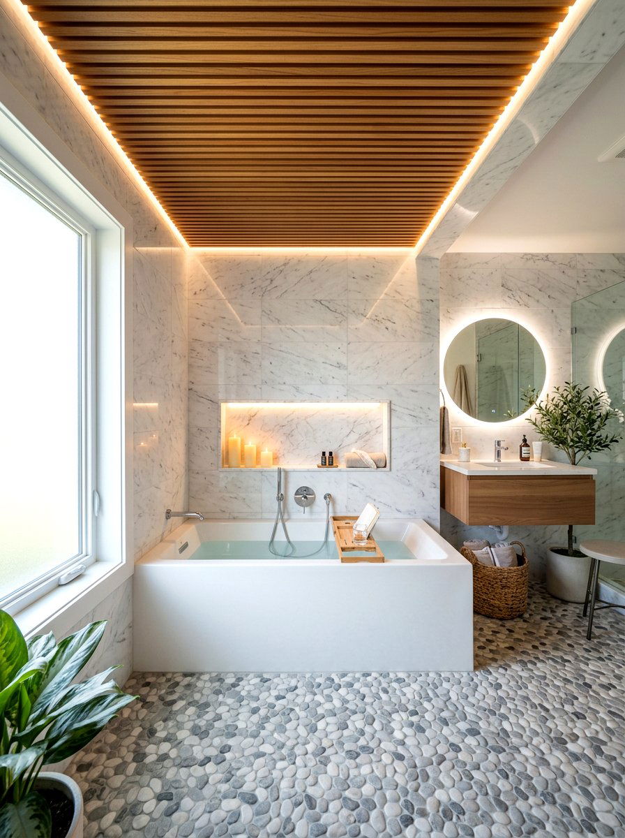 Wood slat bathroom ceiling - 30 alcove tub styling ideas