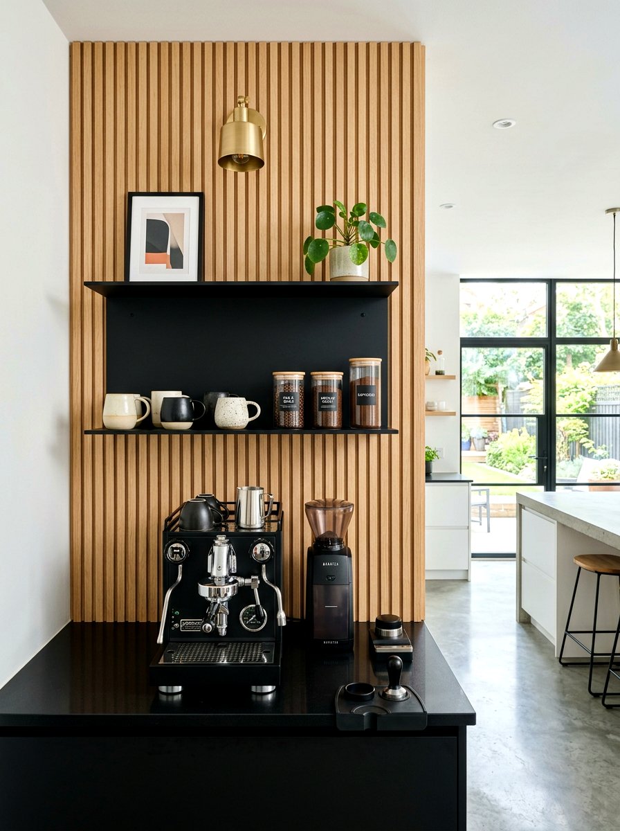 Wood slat coffee wall - 30 home cafe kitchen ideas