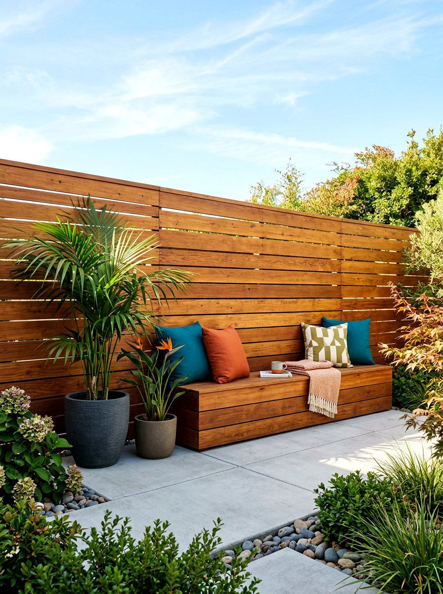 Wood slat fence - 30 walled garden backyard ideas