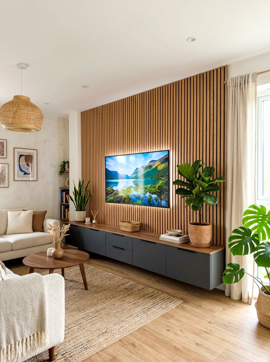 Wood slat media wall - 30 media wall ideas