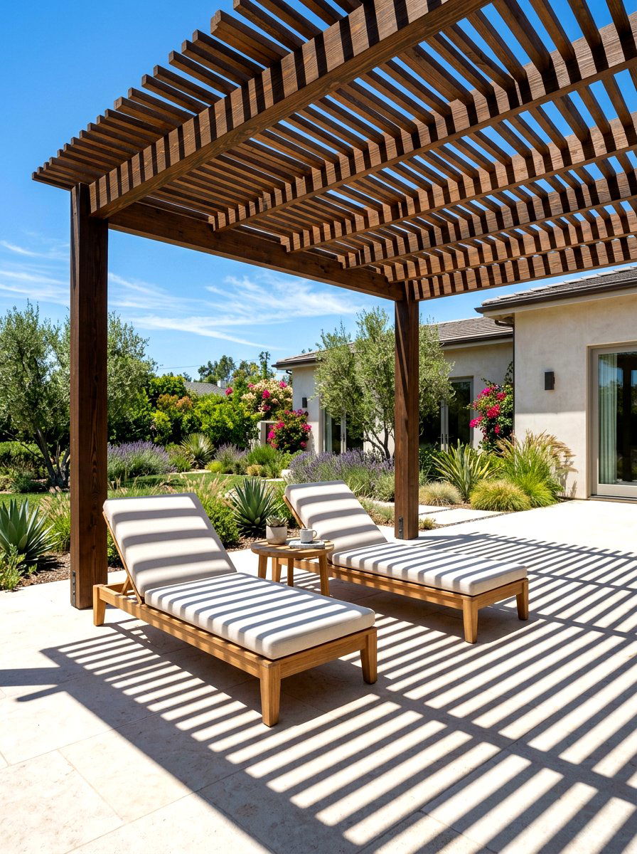 Wood slat pergola for shade - 30 pergola lounge patio ideas