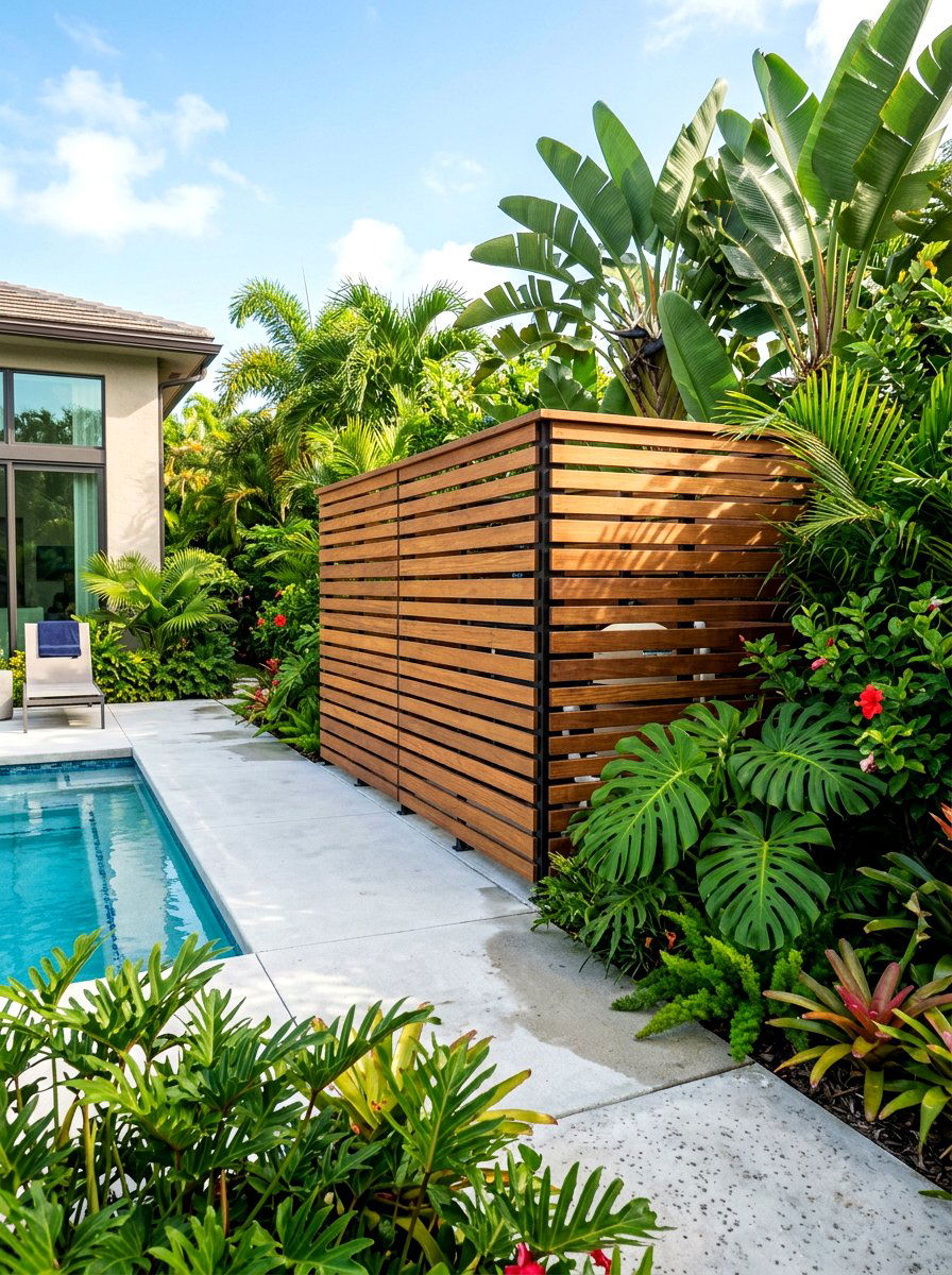 Wood slat pool equipment screen - 30 pool equipment enclosure ideas