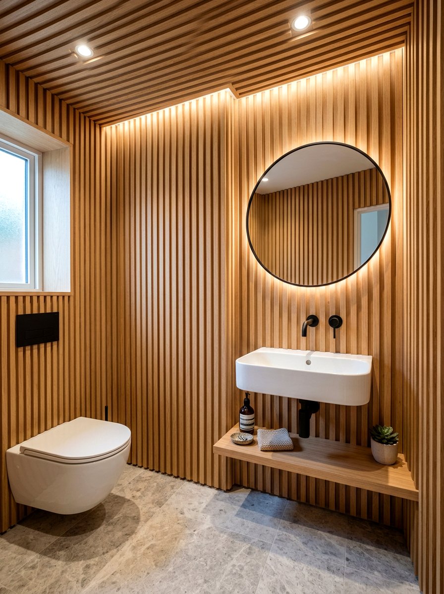 Wood slat powder room - 30 spa like powder room ideas