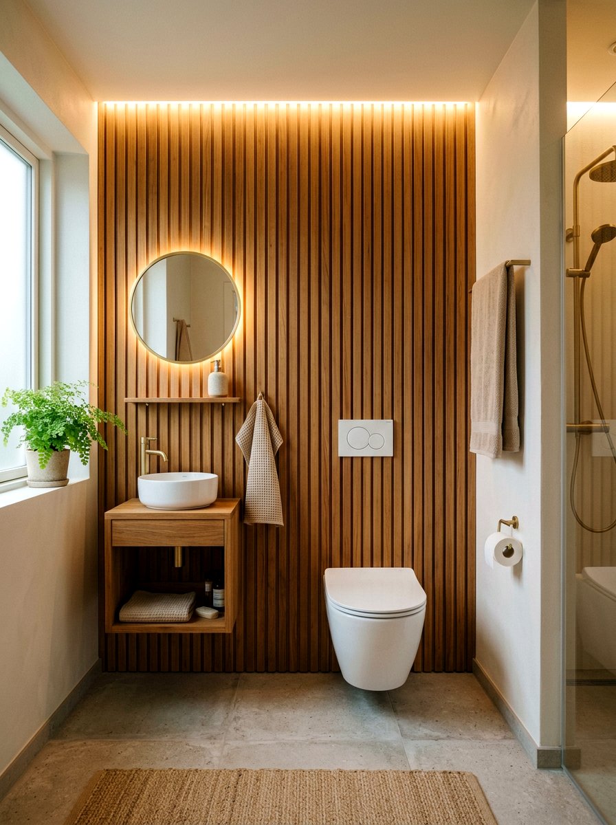 Wood slat wall - 30 Scandinavian bathroom ideas