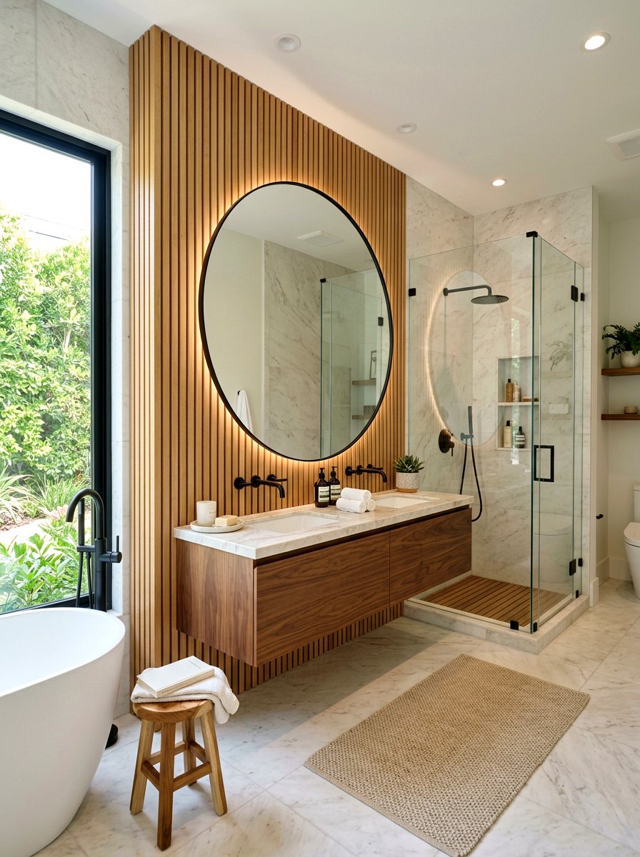 Wood slat wall bathroom vanity - 30 wood slat wall ideas