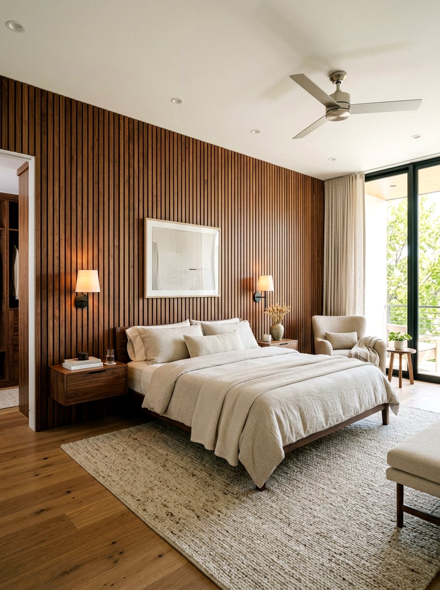 Wood slat wall bedroom headboard - 30 wood slat wall ideas