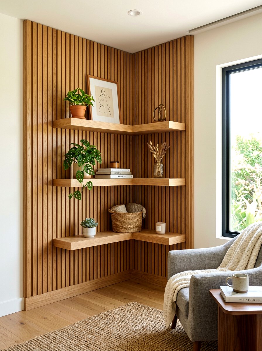 Wood slat wall corner shelf - 30 wood slat wall ideas