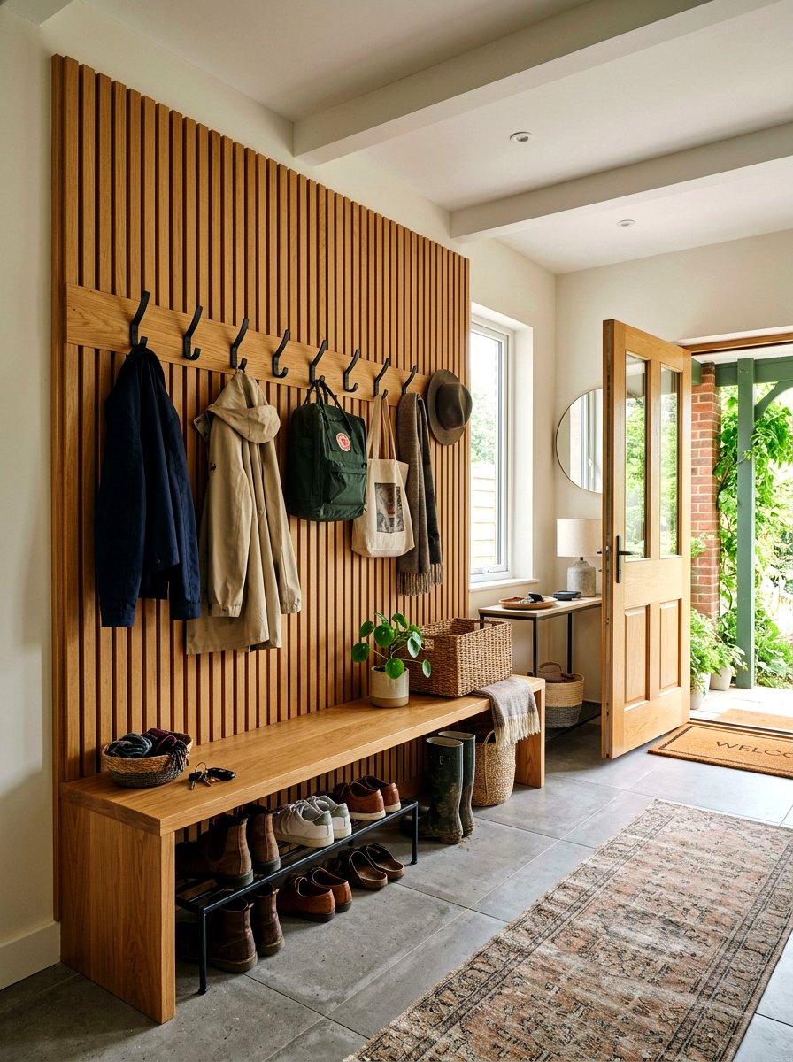 Wood slat wall entryway bench - 30 wood slat wall ideas