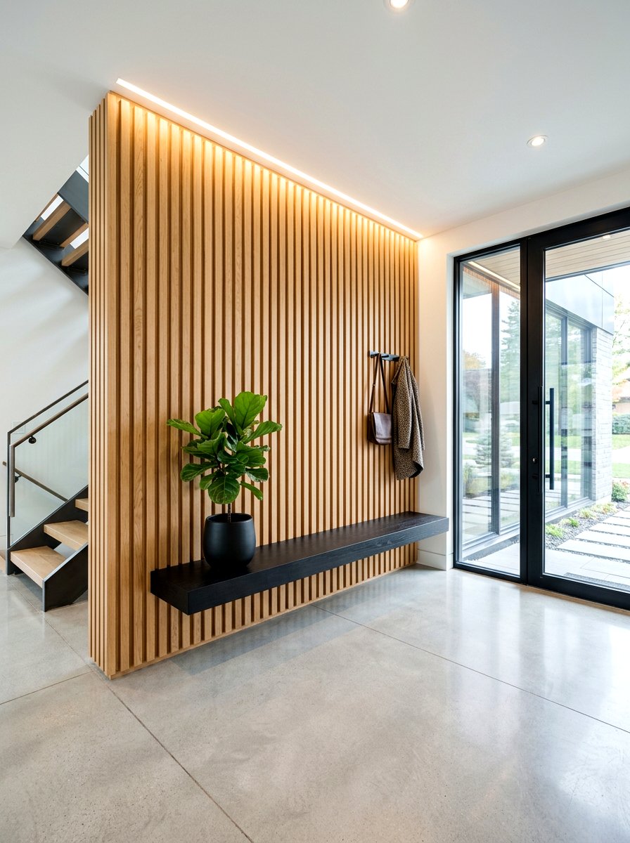Wood slat wall entryway - 30 entryway makeover ideas