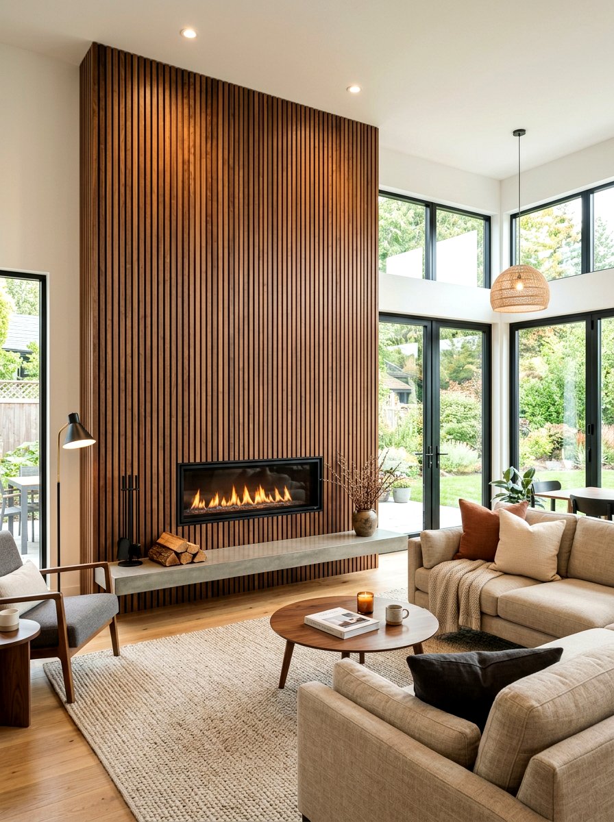 Wood slat wall fireplace surround - 30 wood slat wall ideas