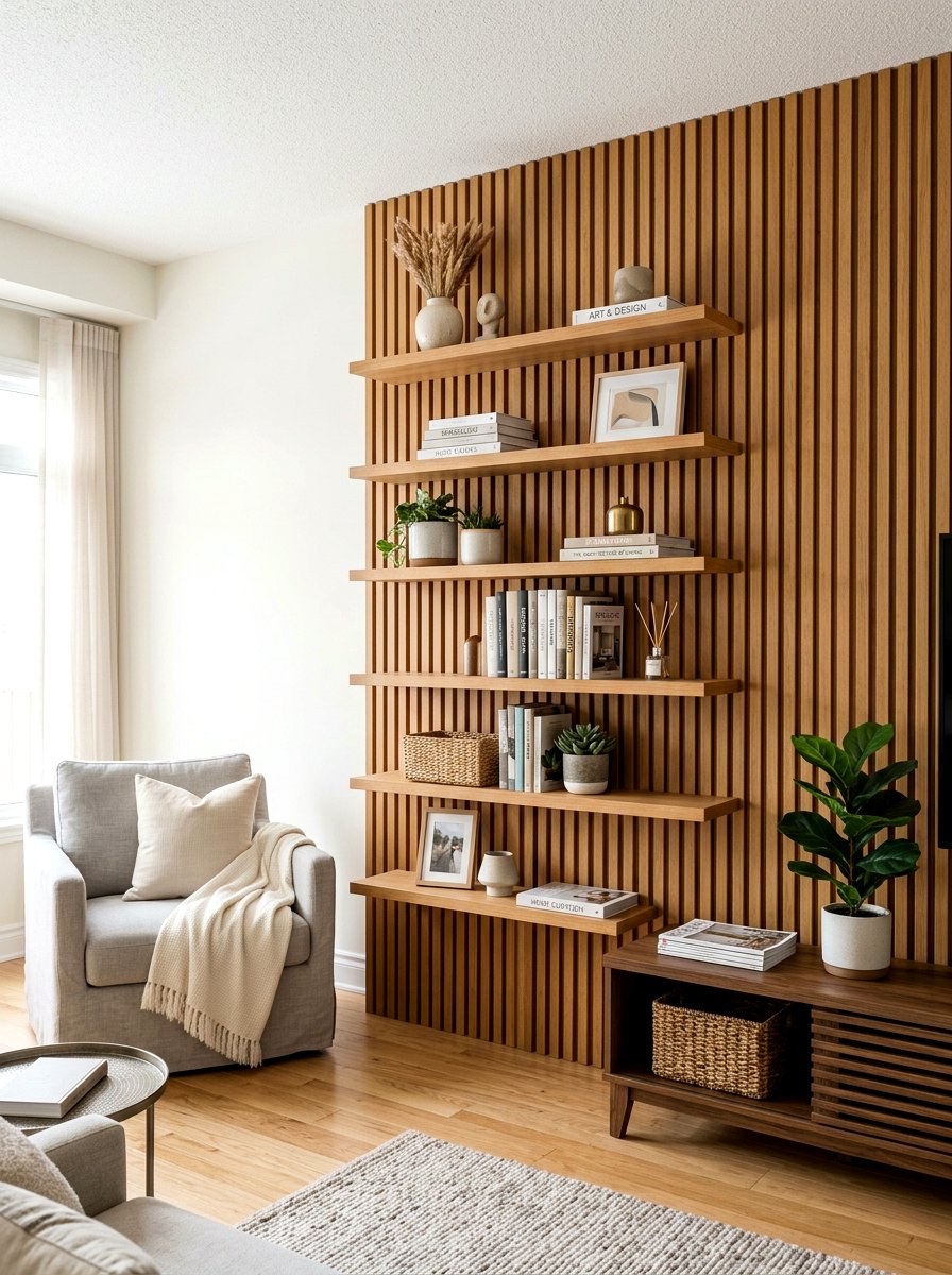 Wood slat wall floating shelves - 30 wood slat wall ideas