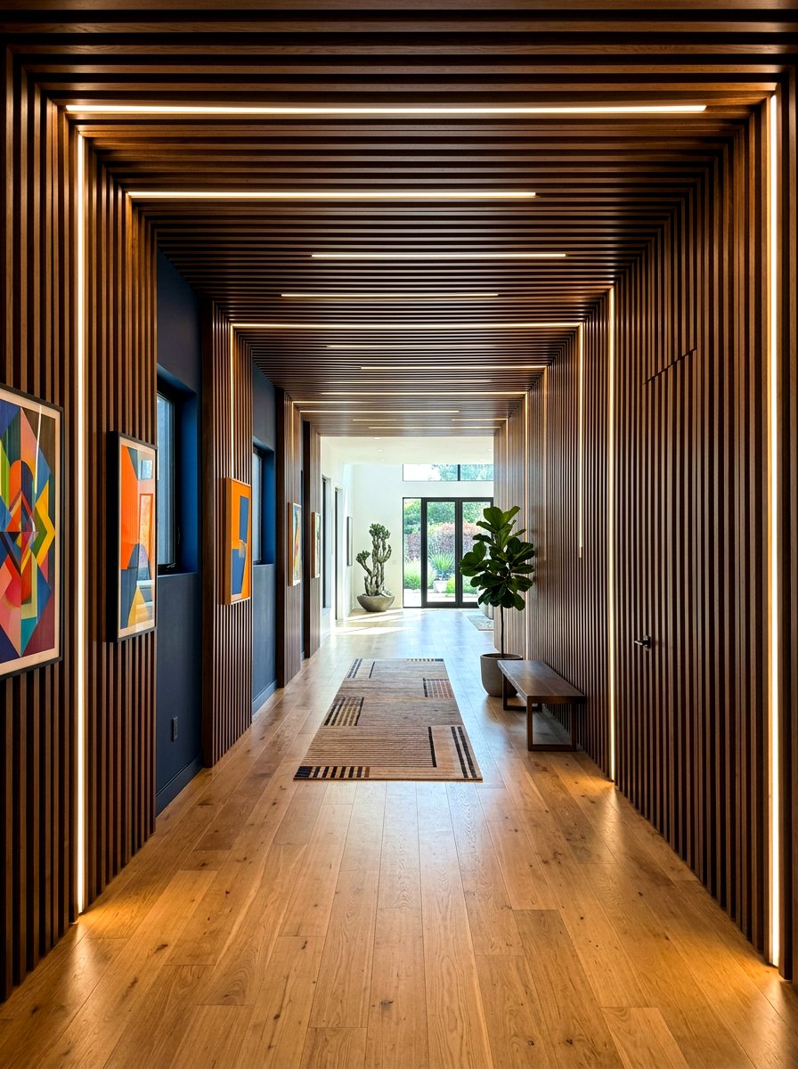Wood slat wall hallway runner - 30 wood slat wall ideas